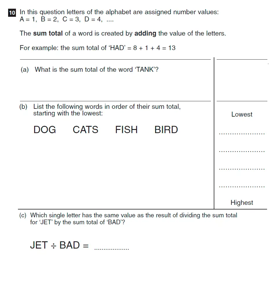 Question 10(a,b,c) - CSSE - Familiarisation 11+ Maths Paper - 2015