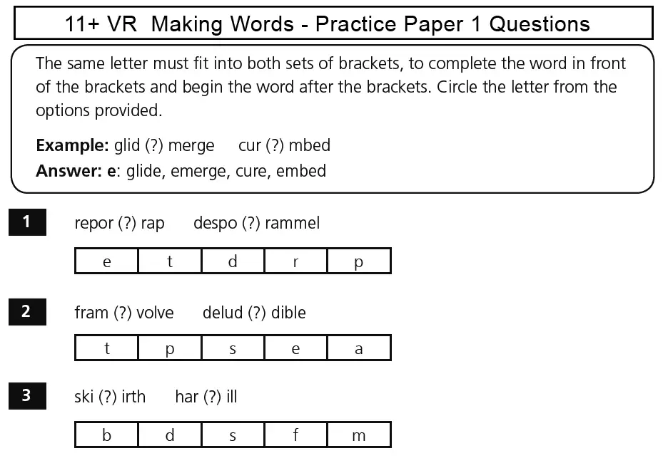 Question 1 - 11+ VR Making Words Practice Paper 1