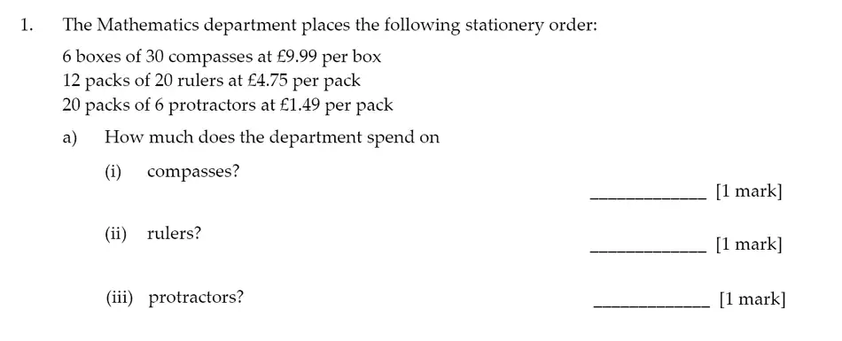 Question 1(1(a)(i),1(a)(ii),1(a)(iii)) - Sevenoaks School – Year 9 Maths Sample Paper 2017