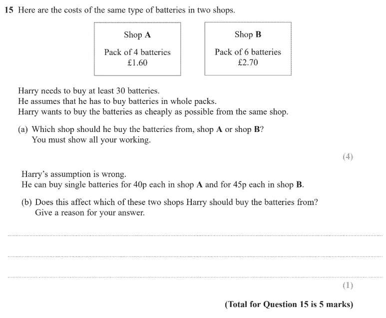 Question 15 - GCSE Edexcel Foundation Maths Past Paper 3 (Calculator) - June 2020