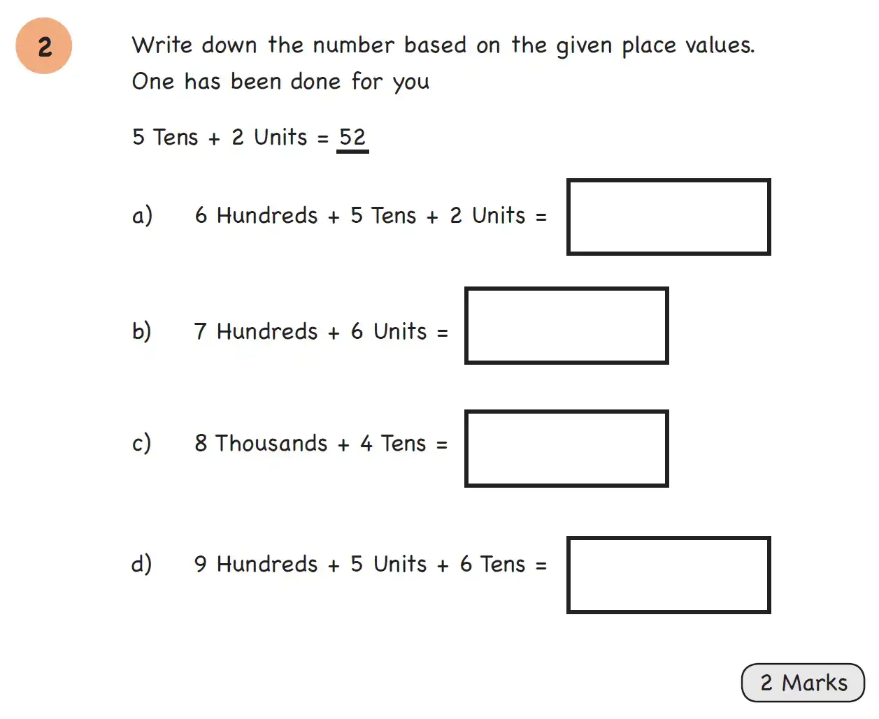 Question 2 - Year 4 – Number and Place Value – Assessment 1